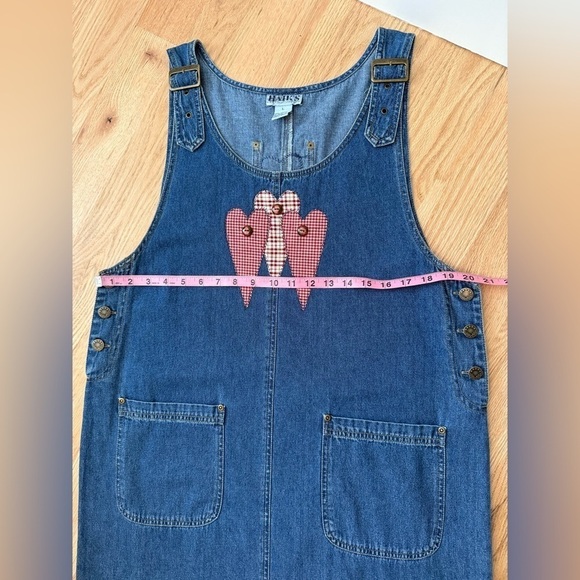 Vintage Haik's Denim Modest Patchwork Hearts Maxi Dress Buckle Straps Sz Large - Picture 9 of 14